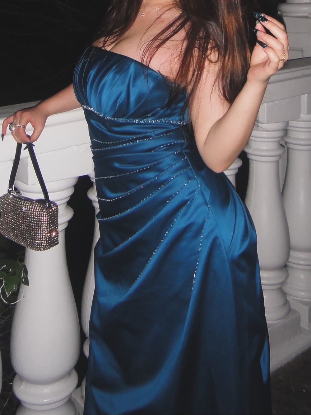 Blue Strapless Satin Evening Dress with Rhinestone Accents
